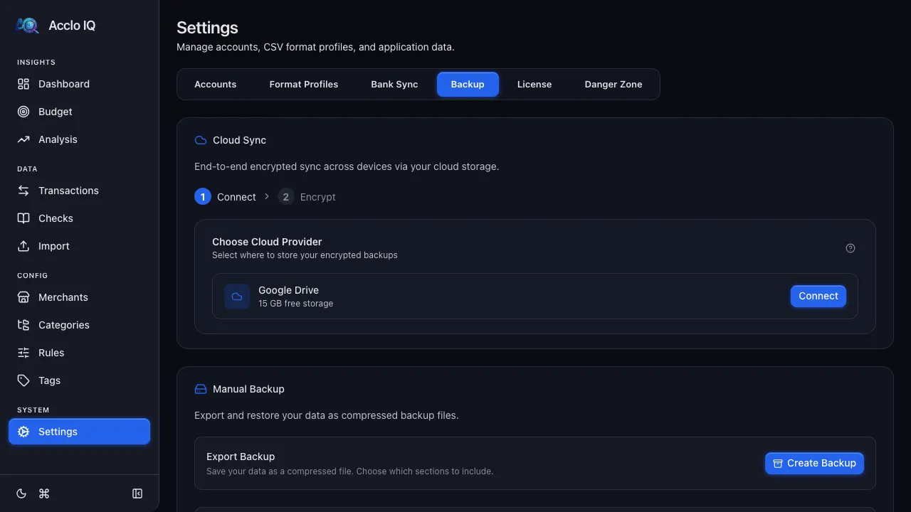 Backup tab showing Cloud Sync with Google Drive connected and Manual Backup options