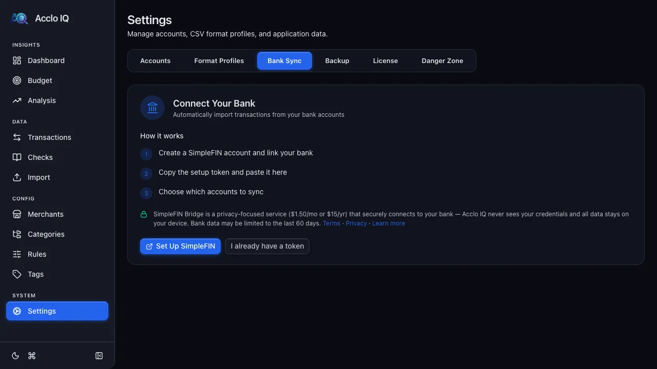 Bank Sync settings tab showing connected SimpleFIN Bridge with account mappings