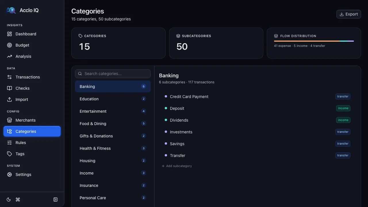 Category detail panel showing subcategory list, flow type, and edit fields