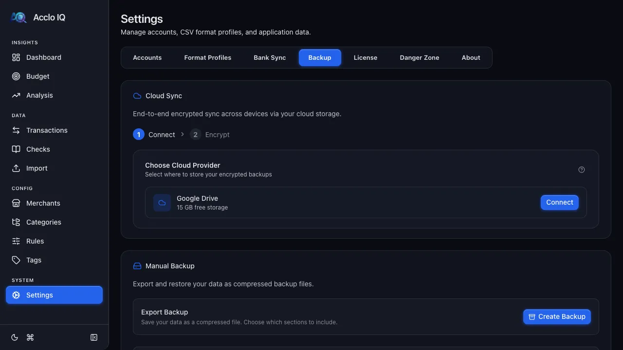 Backup tab showing Cloud Sync with Google Drive connected and Manual Backup options