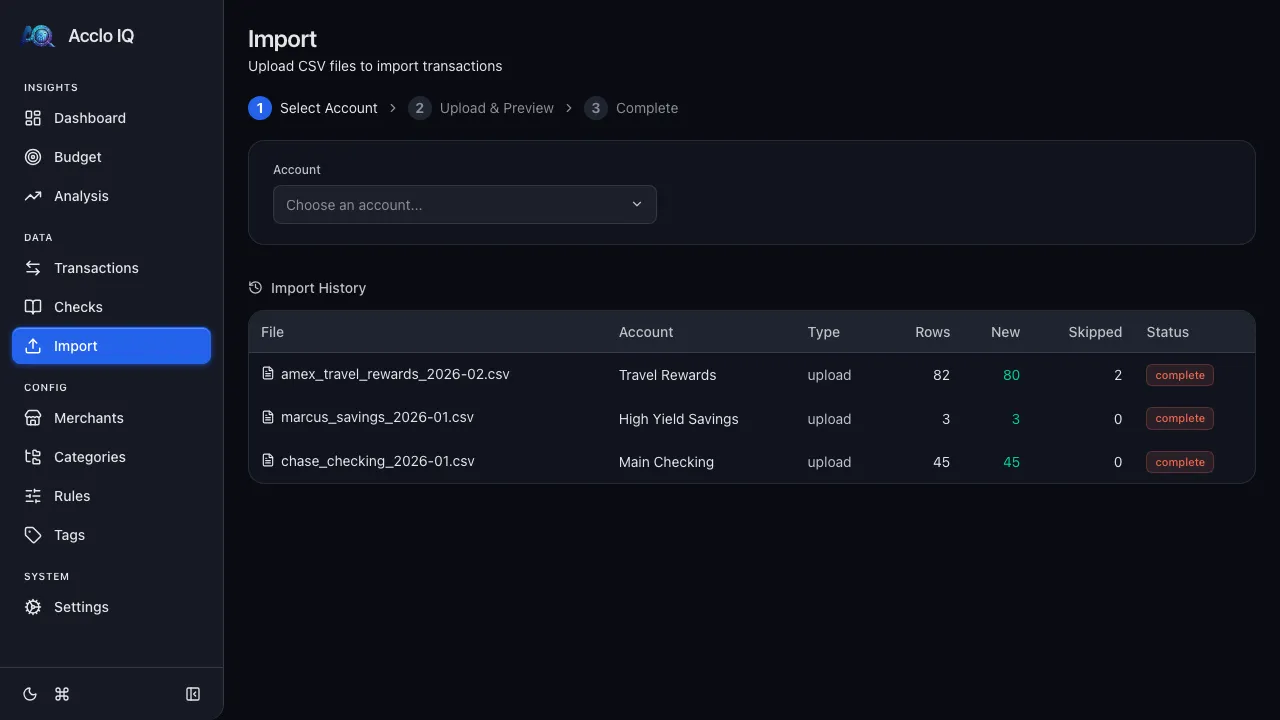 Import page showing the step indicator, account selector, and import history