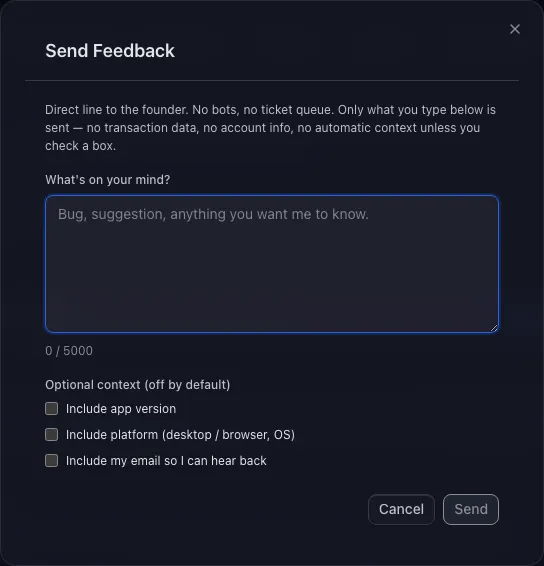 Send Feedback dialog with a message field and optional app version, platform, and reply email choices
