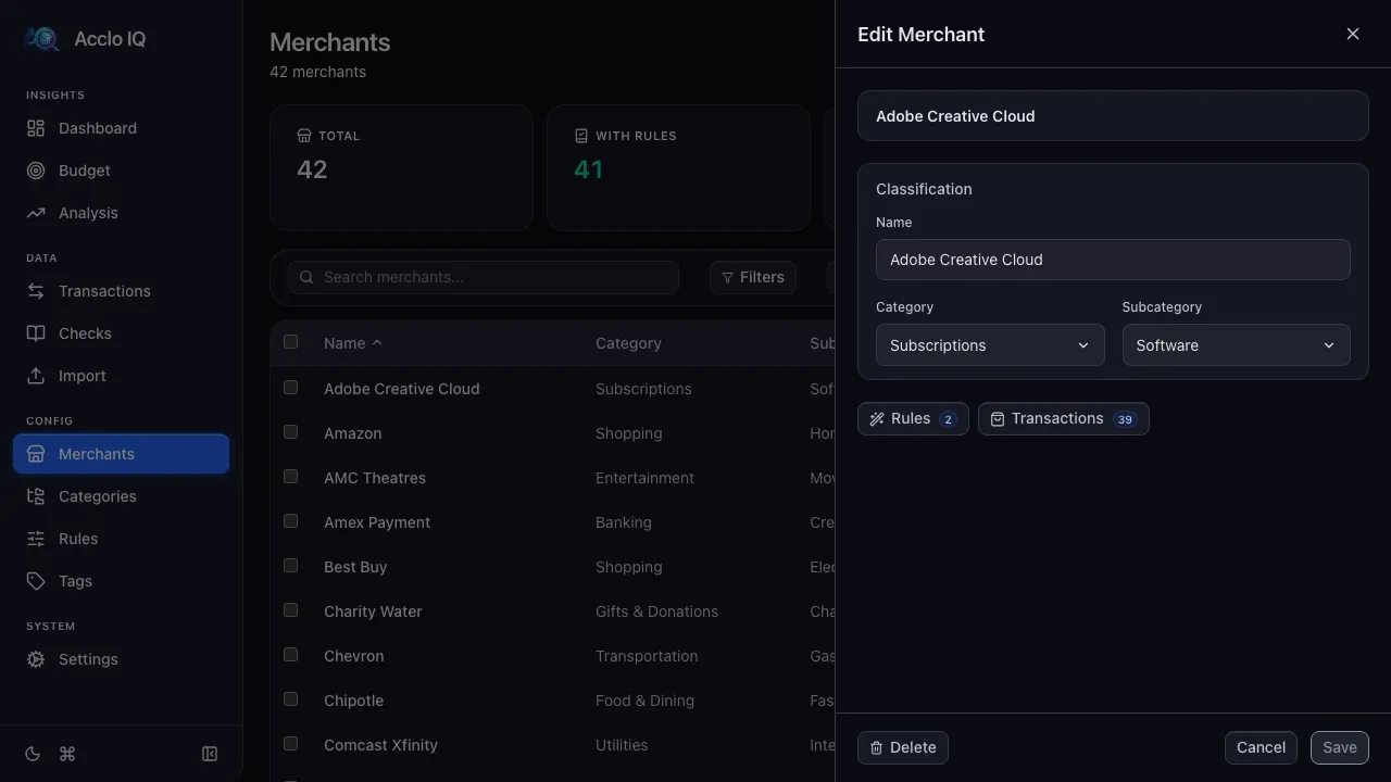 Merchant detail panel showing default category, subcategory, linked rules, and transaction count