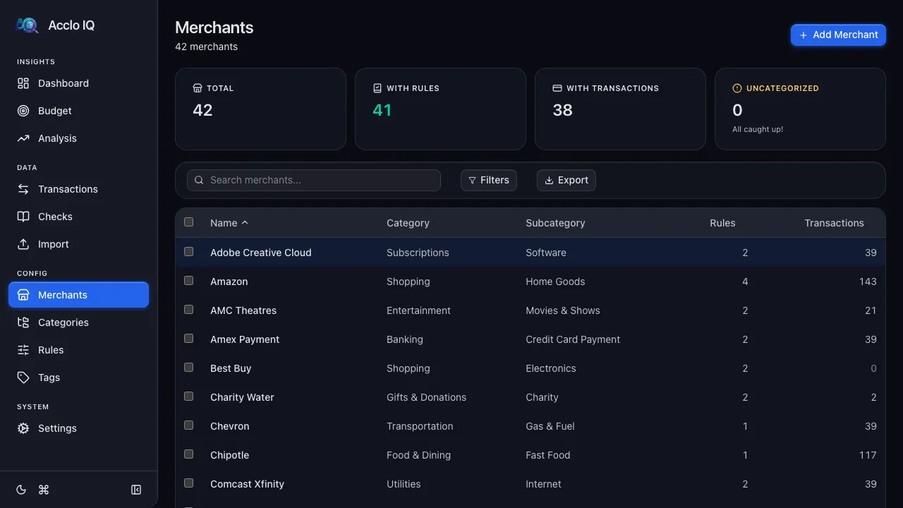 Merchants page showing the merchant list with categories, rule counts, and transaction counts