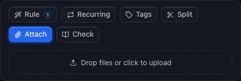 Transaction detail attachment controls with the Attach button selected and the file upload area visible