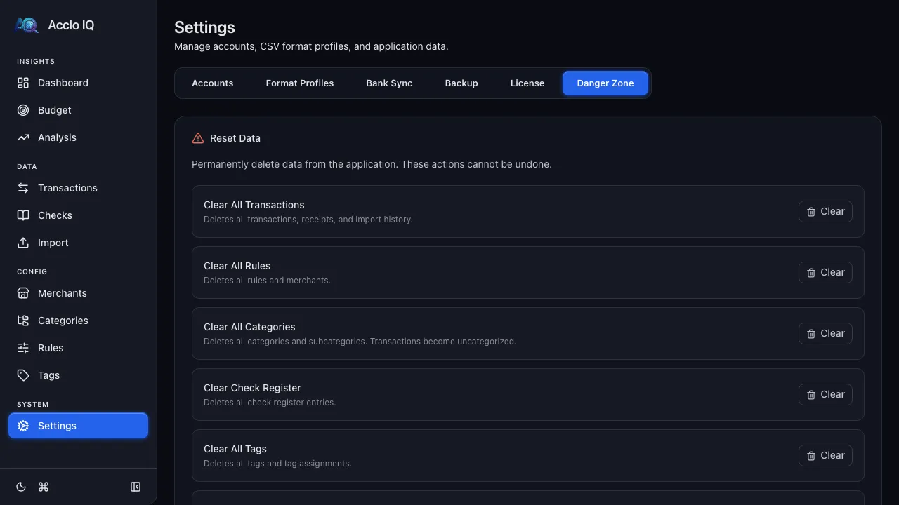 Settings Danger Zone tab with reset data options