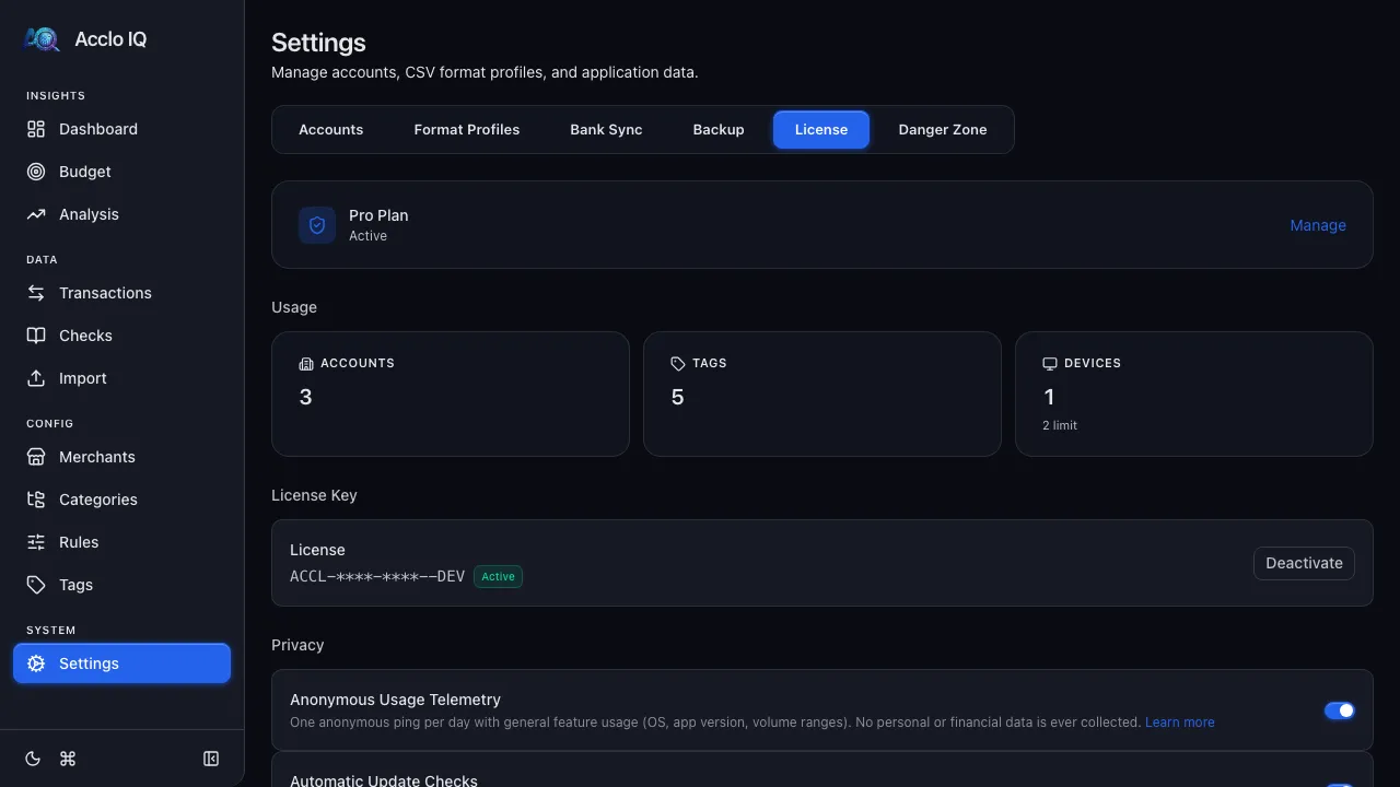 Settings License tab showing current plan status, usage limits, and device management