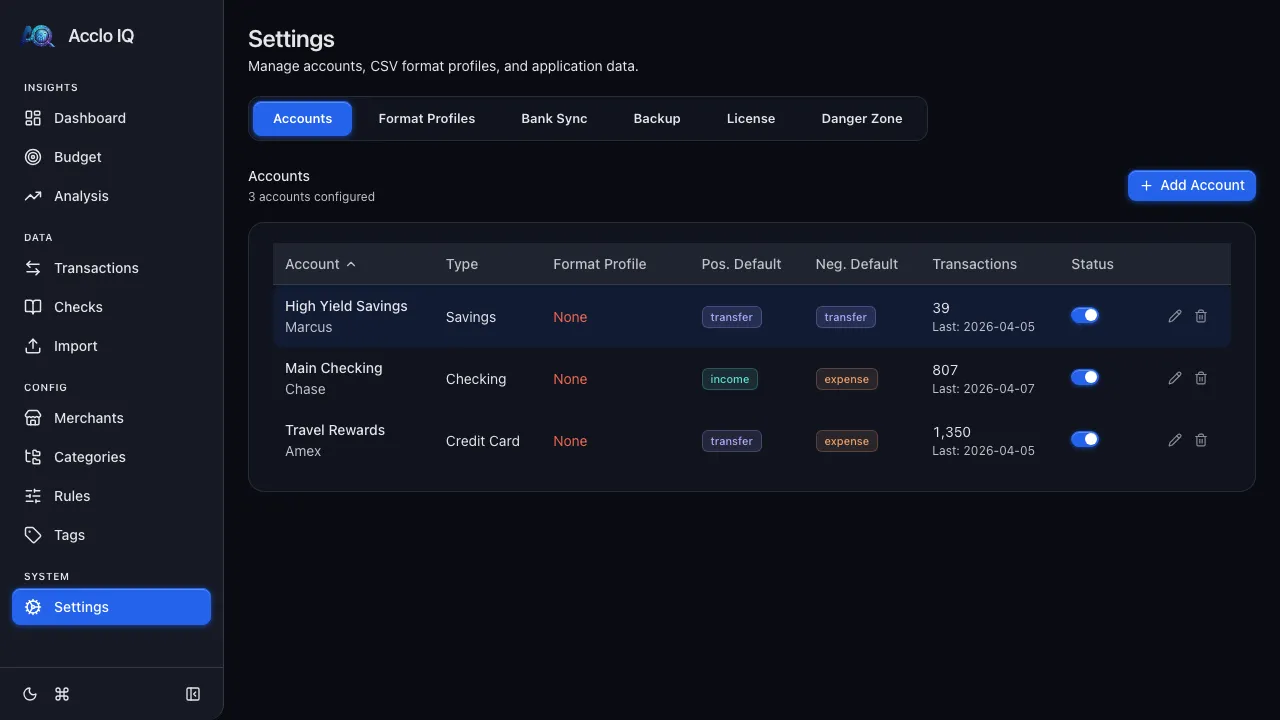 Settings page showing the Accounts tab