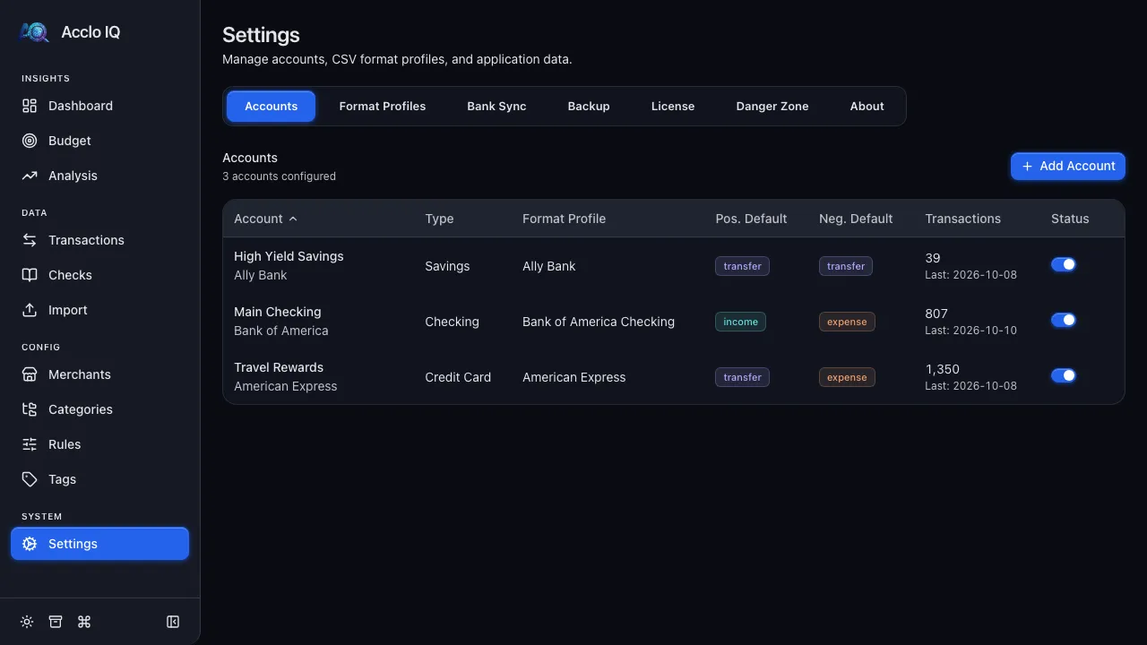 Settings page where bank accounts are created and managed