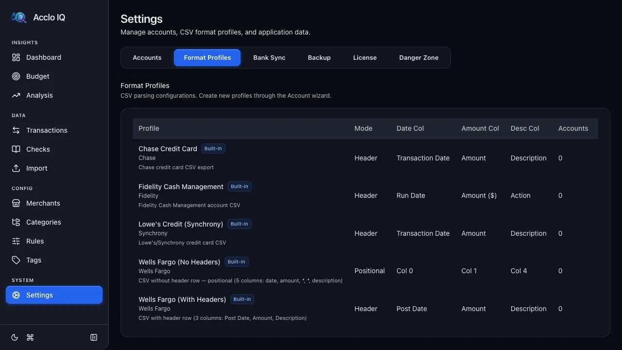 Settings Format Profiles tab showing the list of profiles with column mapping details