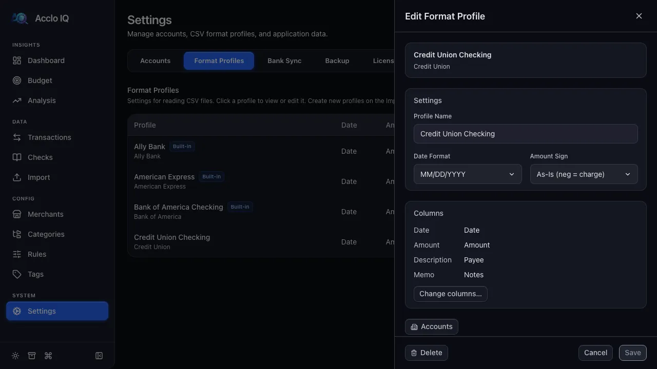 Settings Format Profiles tab showing the list of profiles with column mapping details