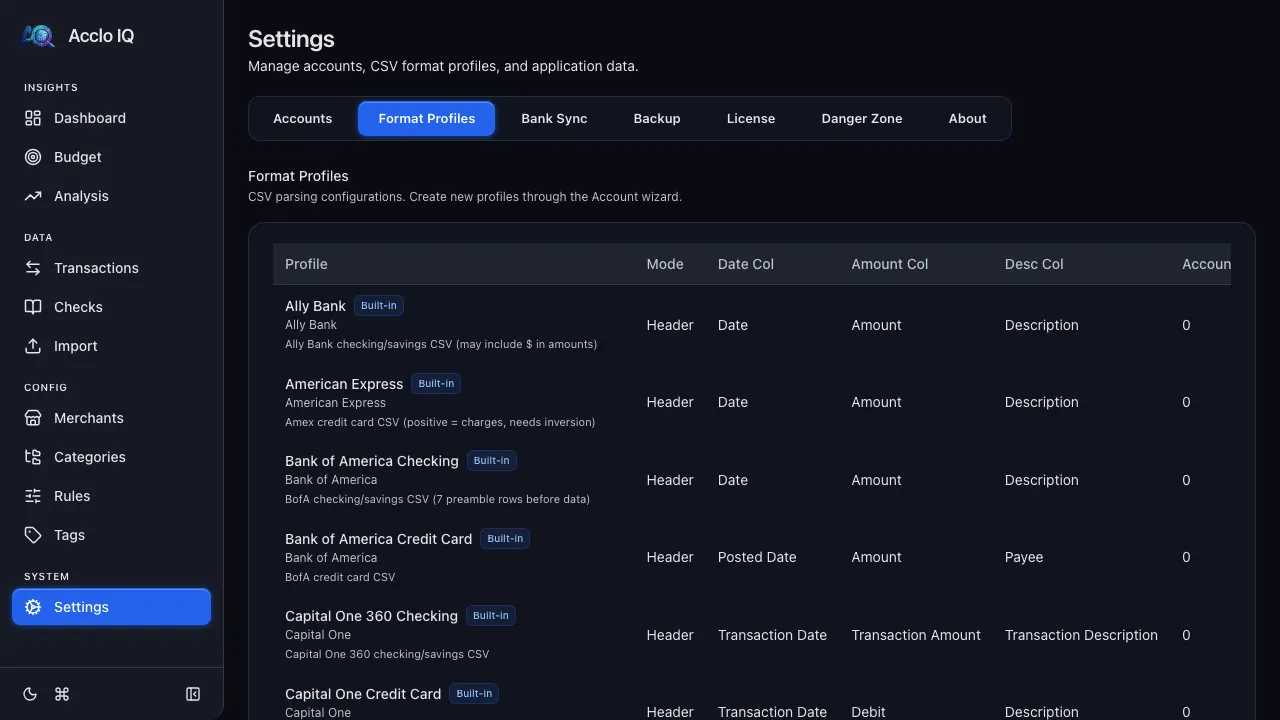 Settings Format Profiles tab showing the list of built-in and custom profiles with the edit panel open