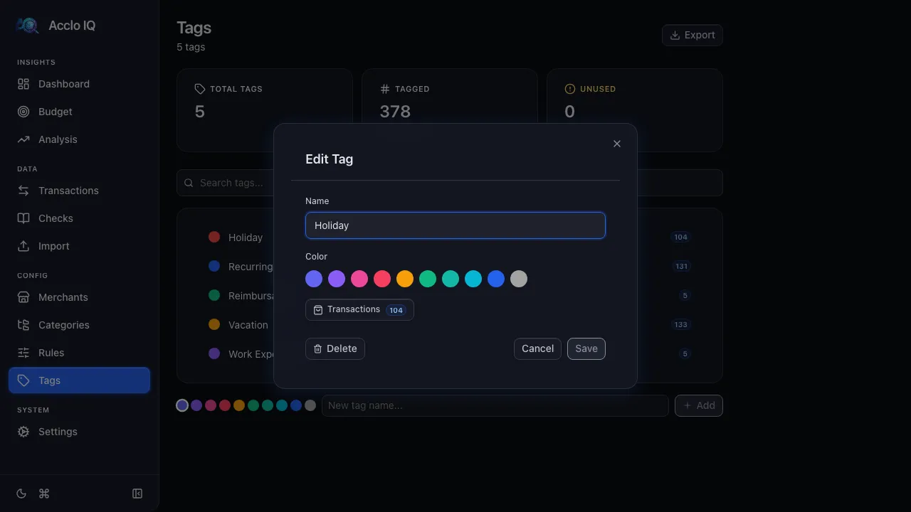 Tag edit modal with name field, color picker, and save button