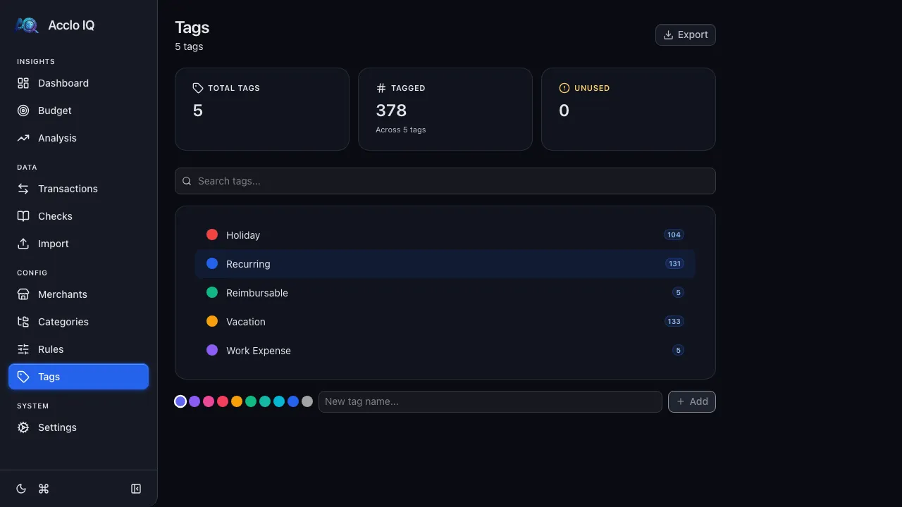 Tags page showing the tag list with color indicators and transaction counts