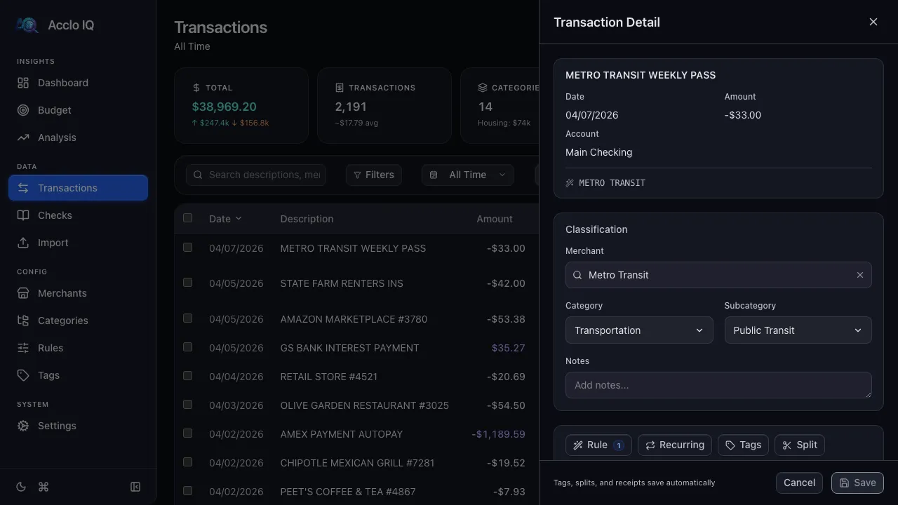 Transaction detail panel showing classification fields for merchant, category, and subcategory