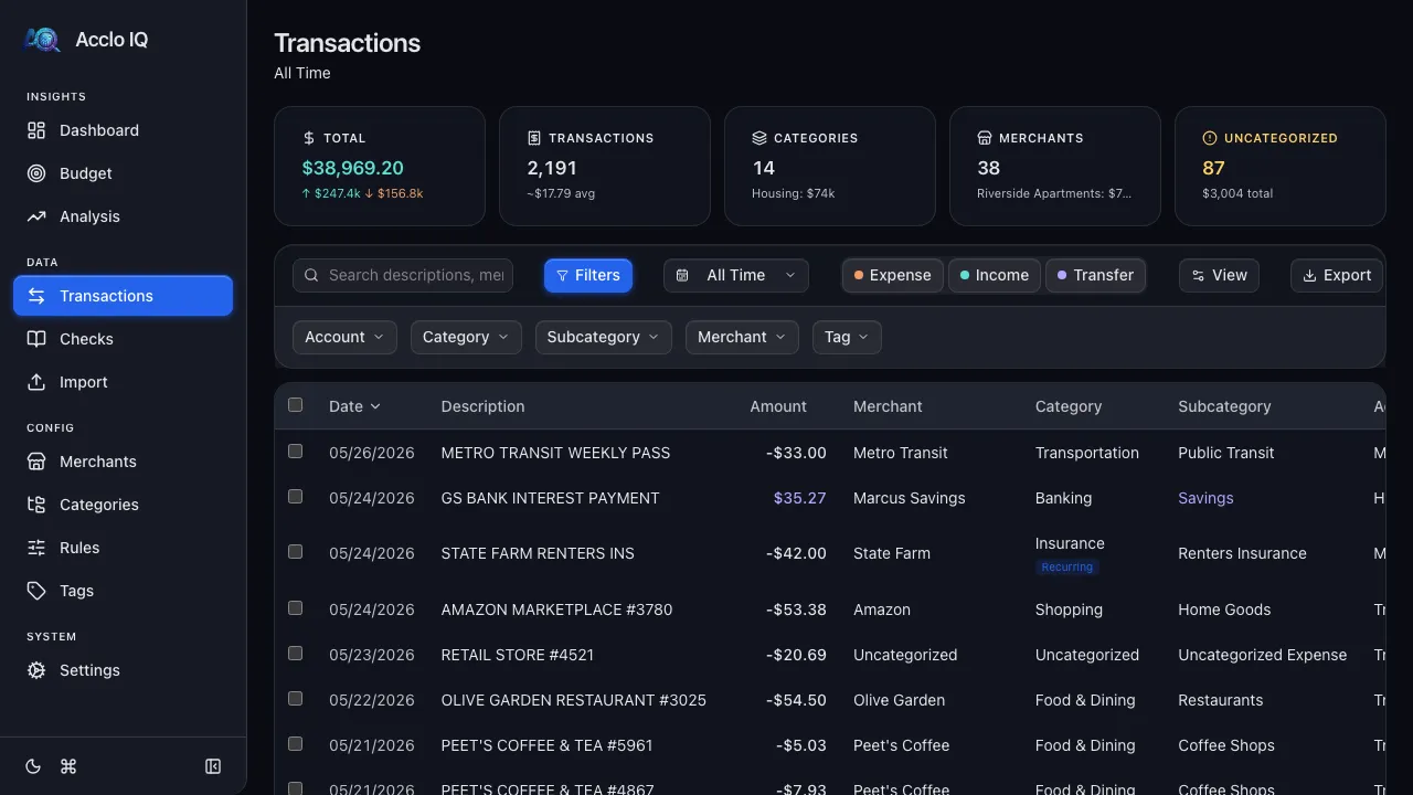 Transactions filter drawer expanded, showing multi-select dropdowns for account, category, subcategory, merchant, and tag