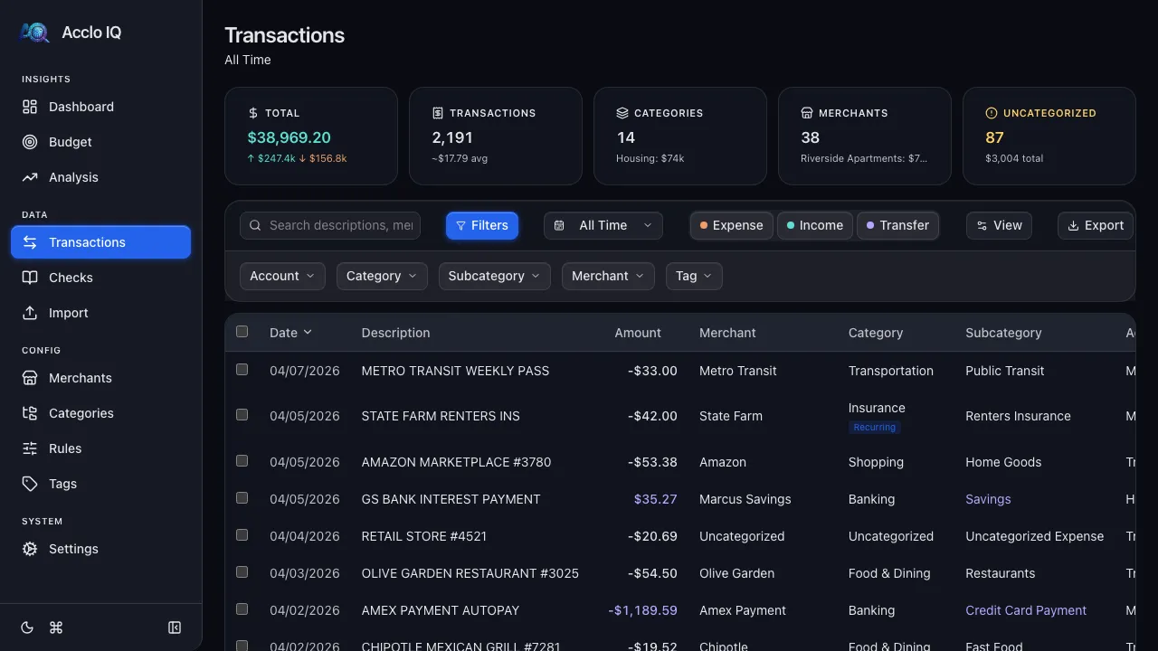 Transactions filter drawer expanded, showing multi-select dropdowns for account, category, subcategory, merchant, and tag