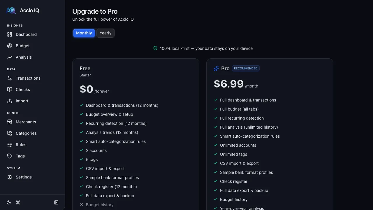 Upgrade page showing Free and Pro tier comparison cards with feature lists and pricing